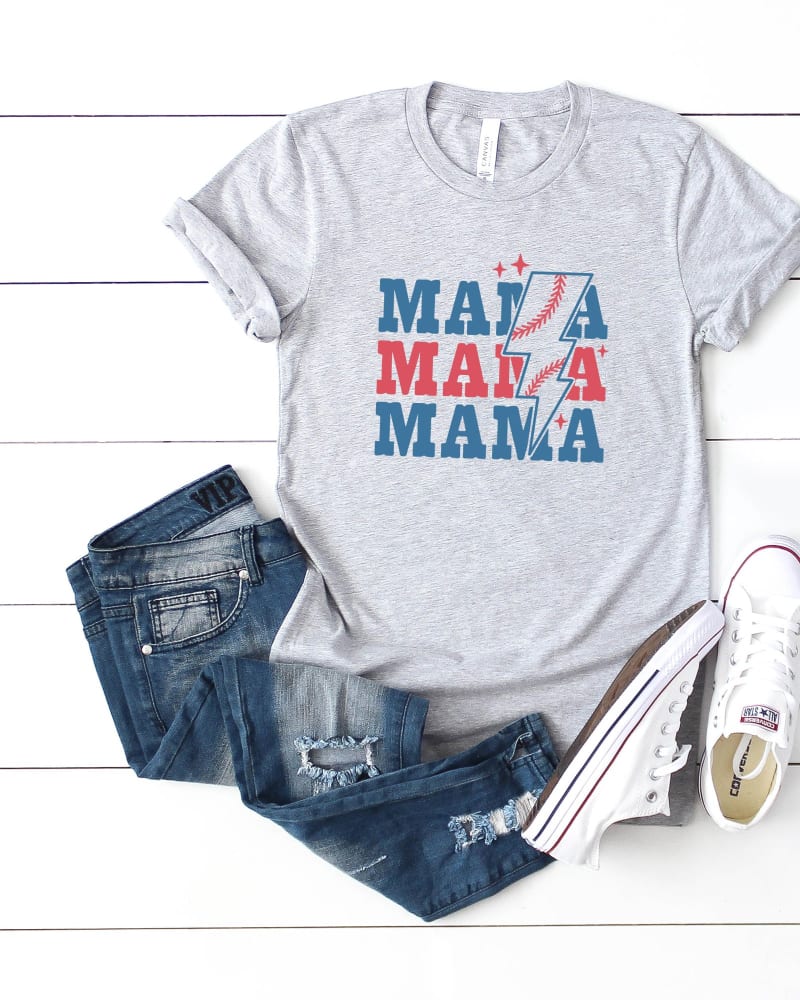 Front of a size XL Baseball Mama Lightning Bolt in Heather Grey by Simply Sage Market. | dia_product_style_image_id:281253